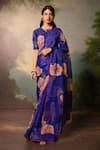 Buy_Atelier Shikaarbagh_Blue Saree French Chiffon Printed Rose Contrast With Unstitched Blouse Piece _at_Aza_Fashions