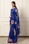 Shop_Atelier Shikaarbagh_Blue Saree French Chiffon Printed Rose Contrast With Unstitched Blouse Piece _Online_at_Aza_Fashions