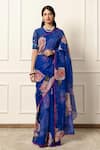 Buy_Atelier Shikaarbagh_Blue Saree French Chiffon Printed Rose Contrast With Unstitched Blouse Piece 