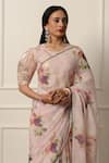 Buy_Atelier Shikaarbagh_Pink Saree French Chiffon Printed Contrast Hem With Unstitched Blouse Piece 