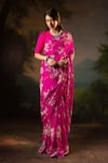 Buy_Atelier Shikaarbagh_Pink Saree French Chiffon Printed Contrast Hem With Unstitched Blouse Piece _at_Aza_Fashions