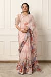 Buy_Atelier Shikaarbagh_Pink Saree French Chiffon Floral Contrast Hem With Unstitched Blouse Piece _at_Aza_Fashions