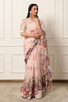 Shop_Atelier Shikaarbagh_Pink Saree French Chiffon Floral Contrast Hem With Unstitched Blouse Piece _Online_at_Aza_Fashions