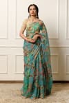 Buy_Atelier Shikaarbagh_Blue Saree French Chiffon Printed Flora With Unstitched Blouse Piece _at_Aza_Fashions