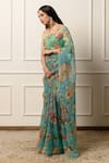 Buy_Atelier Shikaarbagh_Blue Saree French Chiffon Printed Flora With Unstitched Blouse Piece _Online_at_Aza_Fashions