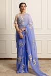 Buy_Atelier Shikaarbagh_Blue Saree Silk Chiffon Embroidered Floral Ombre With Unstitched Blouse Piece _at_Aza_Fashions