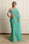 Buy_Atelier Shikaarbagh_Blue Saree Silk Chiffon Embroidered Floral With Unstitched Blouse Piece _at_Aza_Fashions