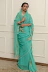 Shop_Atelier Shikaarbagh_Blue Saree Silk Chiffon Embroidered Floral With Unstitched Blouse Piece _Online_at_Aza_Fashions