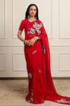 Buy_Atelier Shikaarbagh_Red Saree Silk Chiffon Embroidered Flower Floss With Unstitched Blouse Piece _at_Aza_Fashions