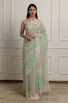 Buy_Atelier Shikaarbagh_Green Saree Silk Chiffon Lace Chantilly Hem With Unstitched Blouse Piece _at_Aza_Fashions