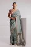 Buy_Taisha_Multi Color Saree Pure Spun Silk Woven Floral Buttis V-neck Banarasi Set _at_Aza_Fashions