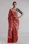 Buy_Taisha_Red Saree Pure Katan Silk Woven Tiger Jaal V-neck Banarasi Set _at_Aza_Fashions