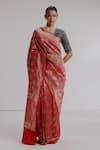 Taisha_Red Saree Pure Katan Silk Woven Tiger Jaal V-neck Banarasi Set _Online_at_Aza_Fashions