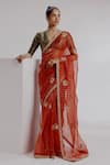 Taisha_Red Saree Pure Organza Woven Butti V-neck Tiger Embroidered Striped Set _Online_at_Aza_Fashions