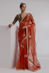 Buy_Taisha_Red Saree Pure Organza Woven Butti V-neck Tiger Embroidered Striped Set _Online_at_Aza_Fashions