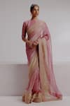 Buy_Taisha_Pink Saree Pure Zari Crushed Tissue Woven Textured Set With Moroccan Blouse _at_Aza_Fashions