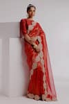 Buy_Taisha_Red Saree Pure Organza Woven Thread Round Dragon Embroidered Border Set _Online_at_Aza_Fashions