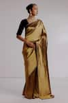 Buy_Taisha_Gold Saree Banarasi Katan Woven Thread V-neck Stripe Set _Online_at_Aza_Fashions