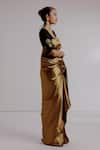 Shop_Taisha_Gold Saree Banarasi Katan Woven Thread V-neck Stripe Set _Online_at_Aza_Fashions