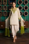 Buy_Meesa_Off White Kurta Chanderi Silk Embroidery Floral Notched Yoke Tulip Pant Set _at_Aza_Fashions