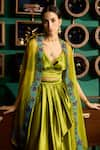 Shop_Meesa_Green Bustier And Skirt Satin Placement Embroidery Floral Cape & Draped Set _Online_at_Aza_Fashions