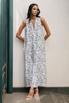 Buy_Meesa_White Linen Print Geometric V Neck Abstract Dress _at_Aza_Fashions