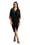 Meesa_Black Crepe Placement Embroidery Floral V Neck Flower Kaftan _Online_at_Aza_Fashions