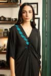 Meesa_Black Crepe Placement Embroidery Floral V Neck Flower Kaftan _at_Aza_Fashions