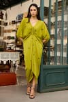 Buy_Meesa_Green Crepe Embroidery Hearts V Neck Contrast Kaftan _at_Aza_Fashions