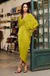 Shop_Meesa_Green Crepe Embroidery Hearts V Neck Contrast Kaftan _Online_at_Aza_Fashions