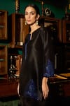 Shop_Meesa_Black Kurta And Pant Raw Silk Placement Embroidery Floral Notched Neck With _Online_at_Aza_Fashions