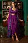 Buy_Meesa_Purple Crepe Placement Embroidery Floral Cape Open Scallop And Draped Skirt Set _at_Aza_Fashions