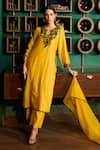 Buy_Meesa_Yellow Chanderi Silk Embroidery Floral Notched Flower Vine Yoke Kurta Pant Set _at_Aza_Fashions