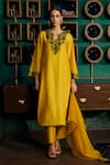 Meesa_Yellow Chanderi Silk Embroidery Floral Notched Flower Vine Yoke Kurta Pant Set _Online_at_Aza_Fashions