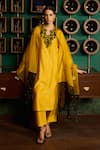 Shop_Meesa_Yellow Chanderi Silk Embroidery Floral Notched Flower Vine Yoke Kurta Pant Set _Online_at_Aza_Fashions