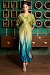 Buy_Meesa_Green Satin Placement Embroidery Floral Gota Patti V Neck Ombre Kaftan _at_Aza_Fashions