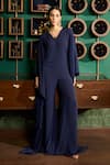 Meesa_Blue Crepe Plain V Neck Flared Jumpsuit _Online_at_Aza_Fashions