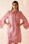 Shop_Bunka_Pink Chanderi Lace Band Collar Isa Slit Sleeve Short Dress _Online_at_Aza_Fashions