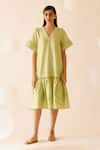 Buy_Bunka_Green Cotton Embroidered Lace V Neck Sada Detailed Dress 