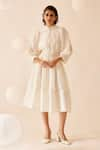 Buy_Bunka_Ivory Silk Linen Floral Lace Band Collar Zenia Detailed Dress _Online_at_Aza_Fashions