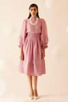 Bunka_Pink Silk Linen Floral Lace Band Collar Zenia Detailed Midi Dress _Online_at_Aza_Fashions