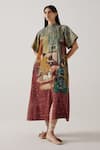 Cord_Multi Color Cotton Printed High-tea Band Collar A-line Midi Dress _at_Aza_Fashions