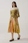 Buy_Cord_Yellow Cotton Printed Dale Closed Round Tokyo Dress _at_Aza_Fashions