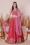 Buy_Surabhi Arya_Pink Lehenga And Dupatta Organza Embroidery Thread Blunt V Neck Zardozi Set _at_Aza_Fashions