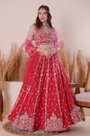 Shop_Surabhi Arya_Pink Lehenga And Dupatta Organza Embroidery Thread Blunt V Neck Zardozi Set _at_Aza_Fashions