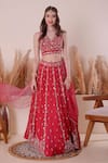 Buy_Surabhi Arya_Pink Lehenga And Dupatta Organza Embroidery Thread Blunt V Neck Zardozi Set _Online_at_Aza_Fashions