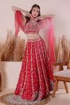 Shop_Surabhi Arya_Pink Lehenga And Dupatta Organza Embroidery Thread Blunt V Neck Zardozi Set _Online_at_Aza_Fashions