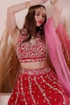 Surabhi Arya_Pink Lehenga And Dupatta Organza Embroidery Thread Blunt V Neck Zardozi Set _at_Aza_Fashions