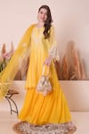 Buy_Surabhi Arya_Yellow Kurta Mul Chanderi Embroidery Zari Notched Yoke Sharara Set _Online_at_Aza_Fashions