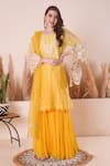 Surabhi Arya_Yellow Kurta Mul Chanderi Embroidery Zari Notched Yoke Sharara Set _at_Aza_Fashions